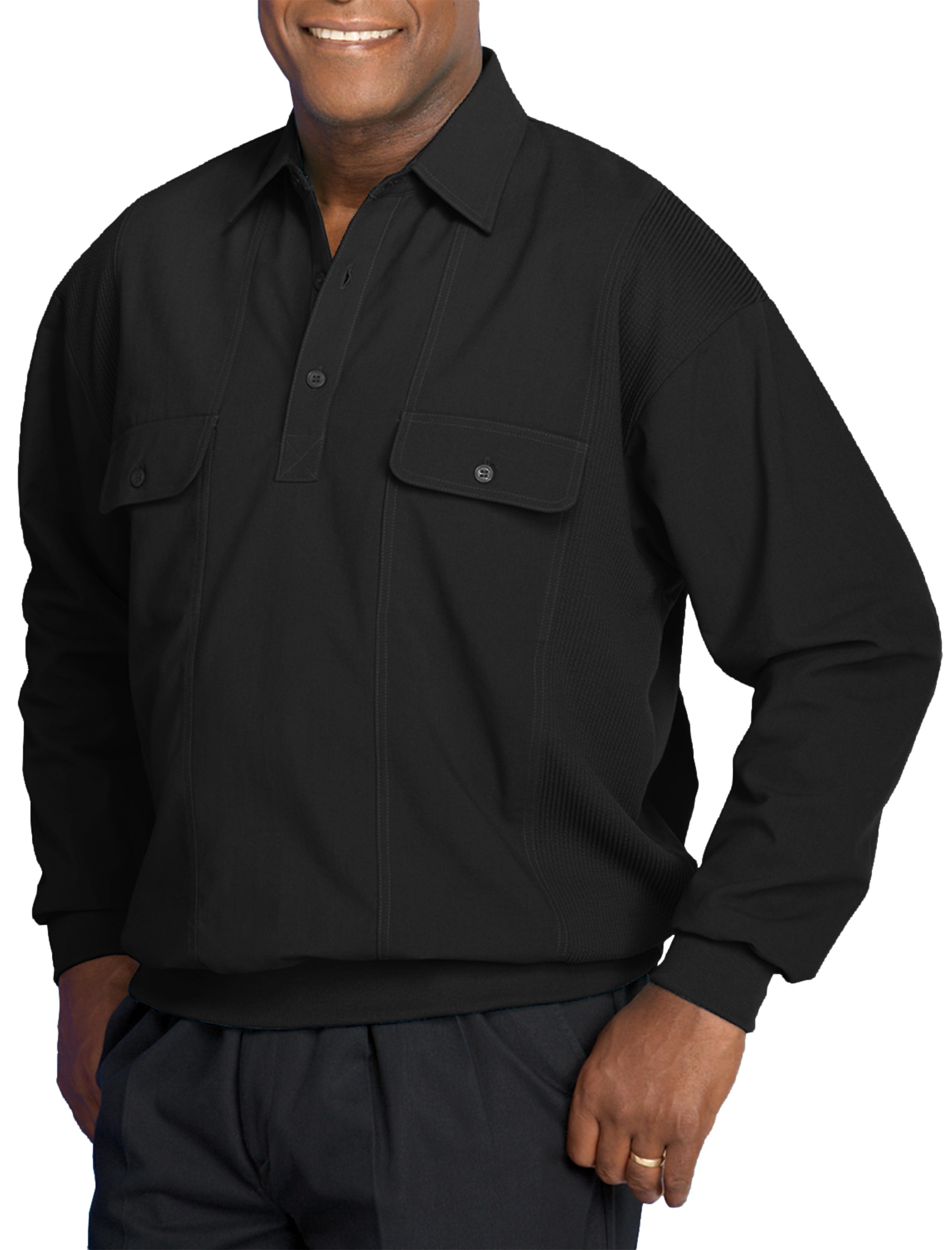 Long-Sleeve Mesh Panel Banded-Hem Shirt - thumbnail 3