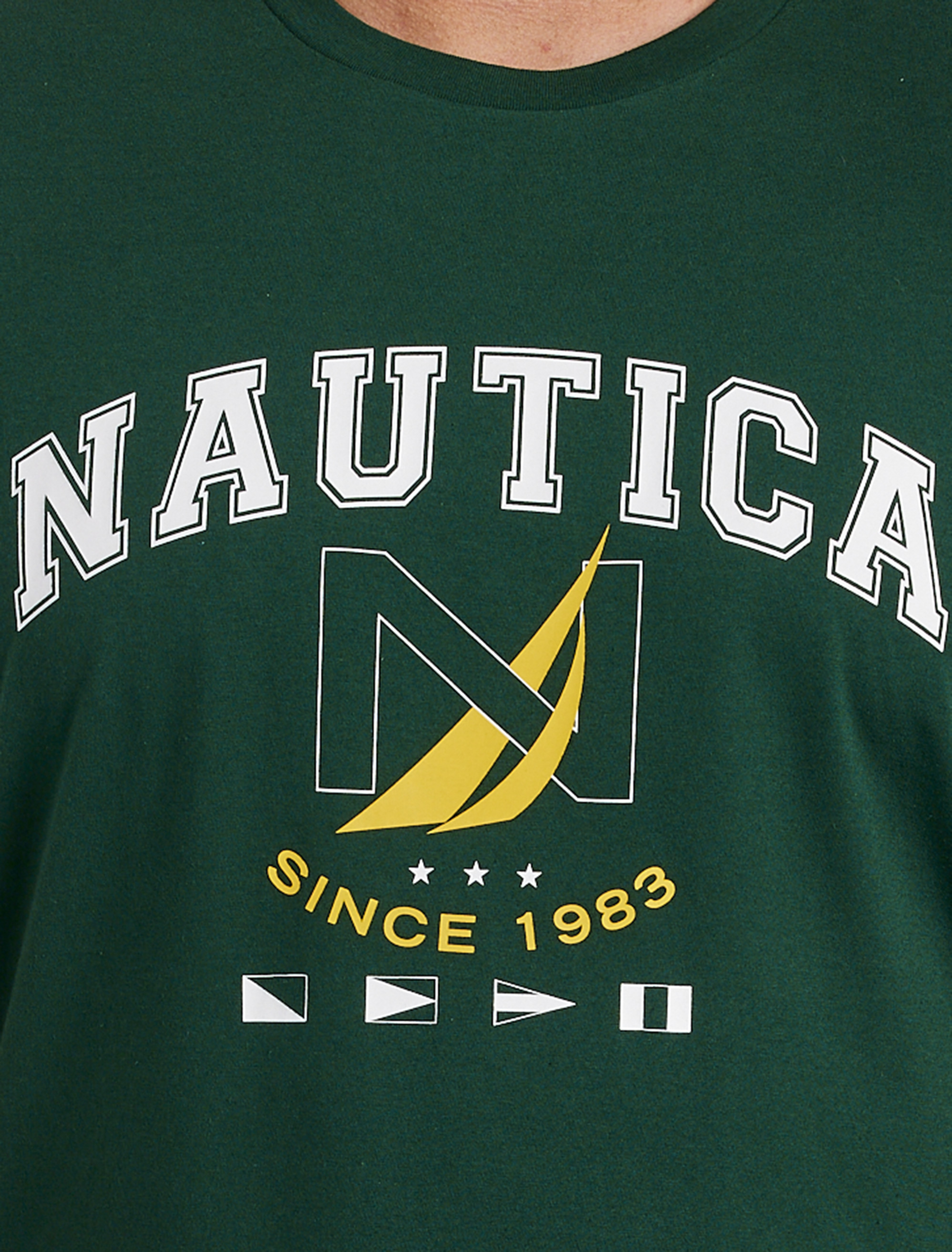 white green and yellow graphic tee