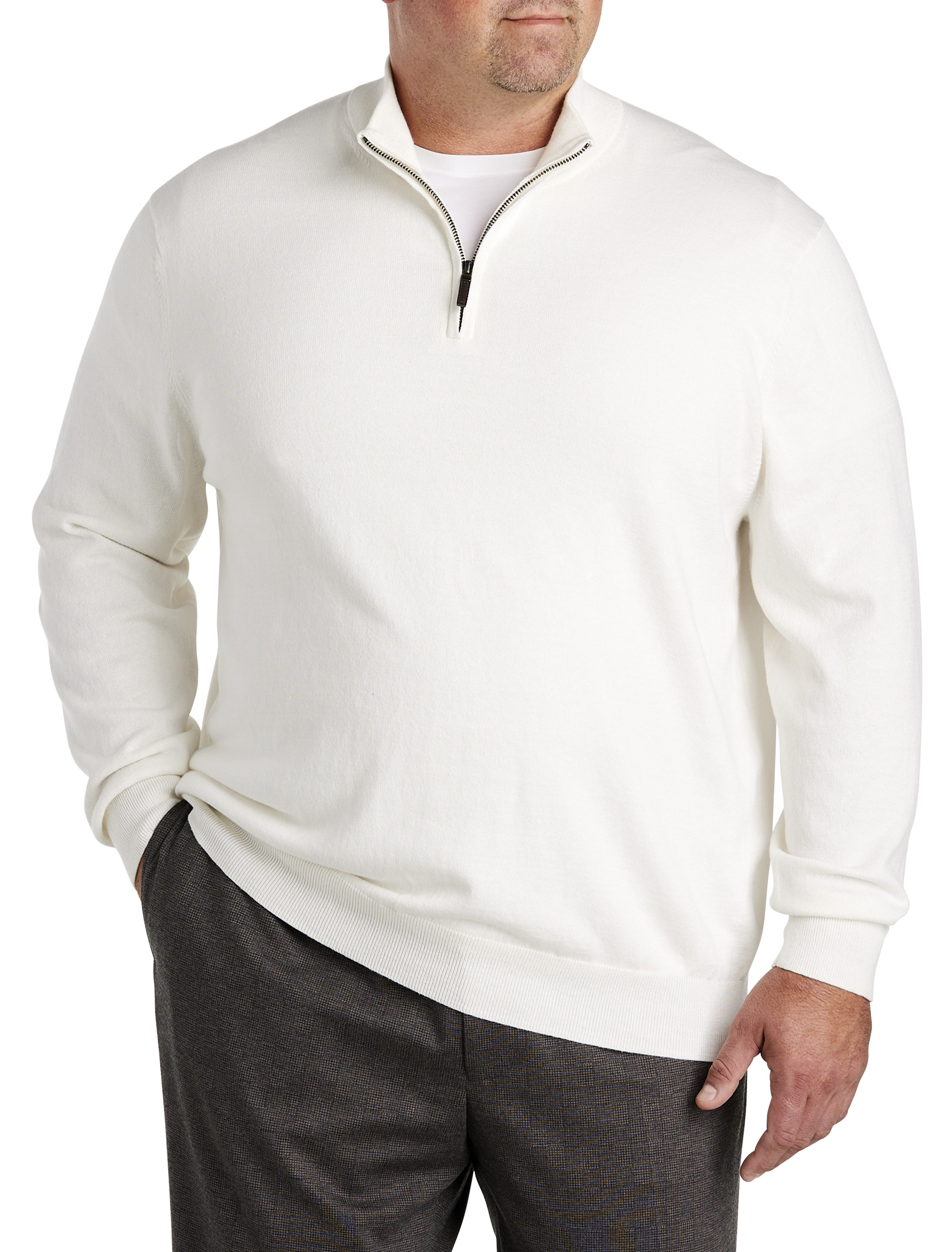 Grey with White Trim Luxury Touch Cotton and Cashmere Quarter Zip Sweater