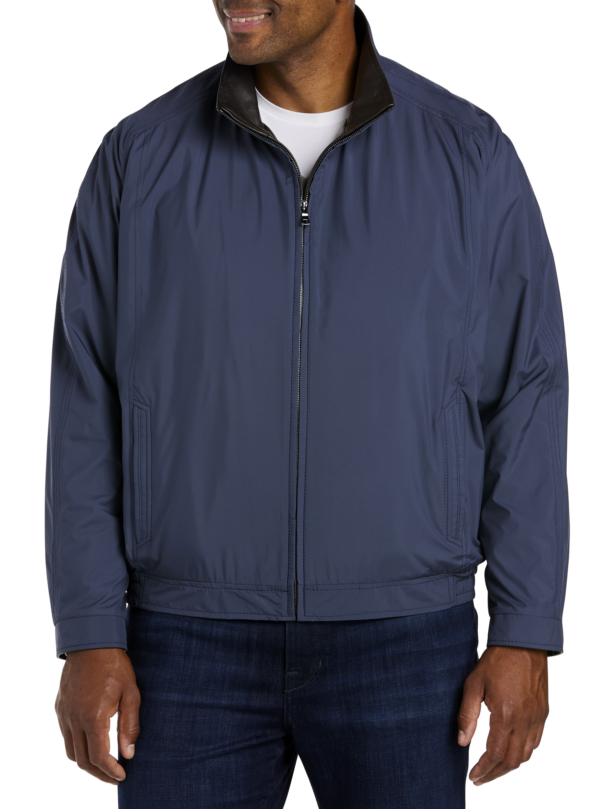 Leather-Trim Microfiber Bomber Jacket