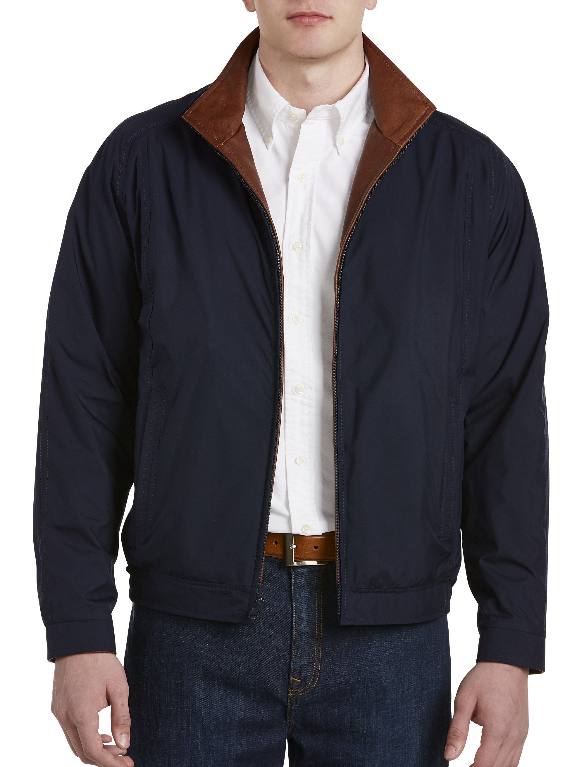 Leather-Trim Microfiber Bomber Jacket