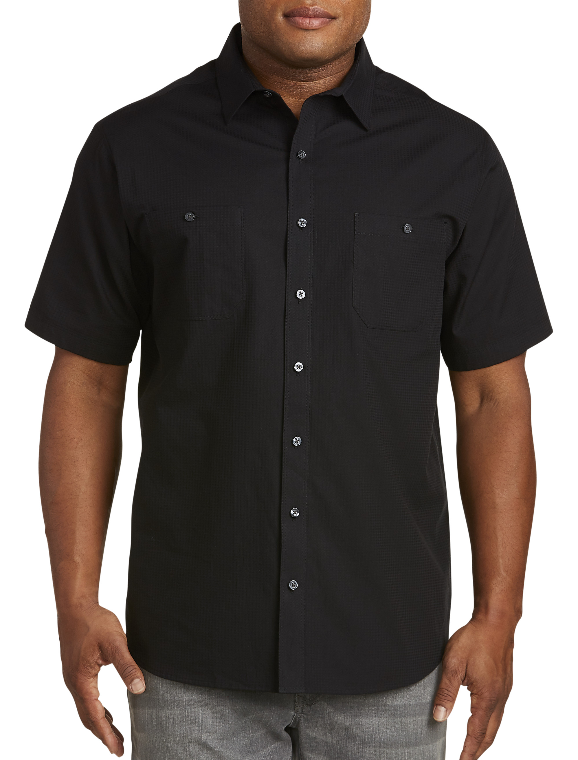 DXL Synrgy Big and Tall Large Plaid Sport Shirt, Black Grey, 1XL