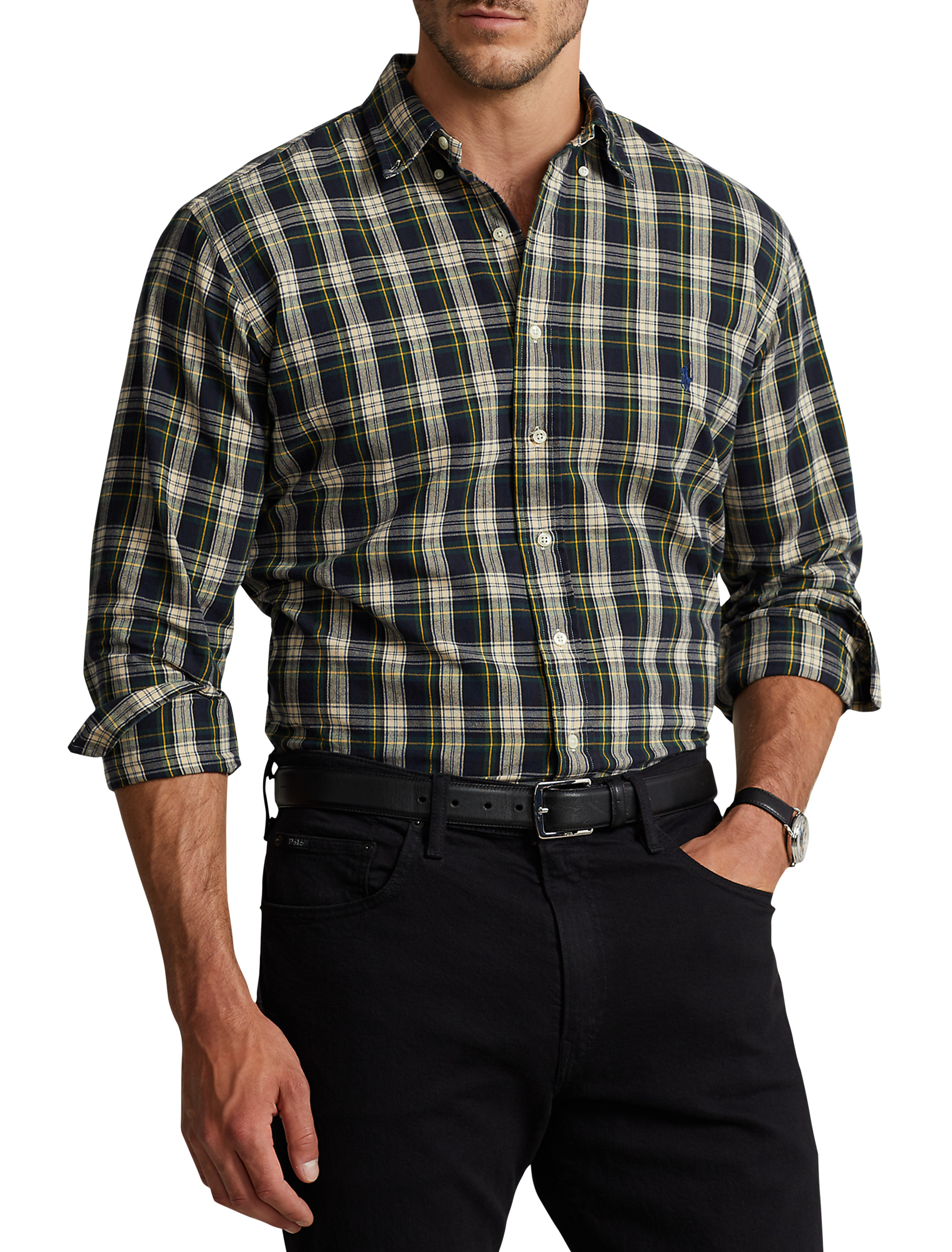 Men's V-neck, Plaid Shirt, Polo Shirts, Green Polo