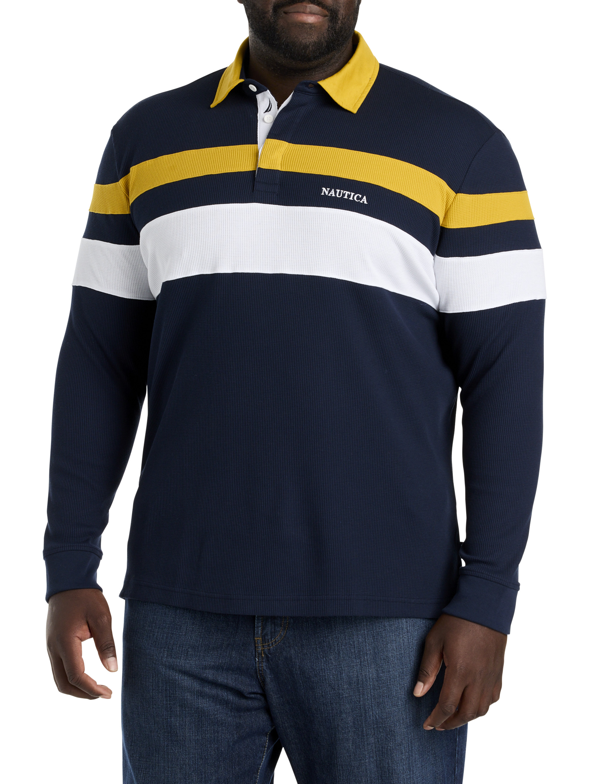 Nautica Men s Big Tall Long Sleeve Waffle Rugby Stripe Polo Shirt Navy Blue 2XL Cotton