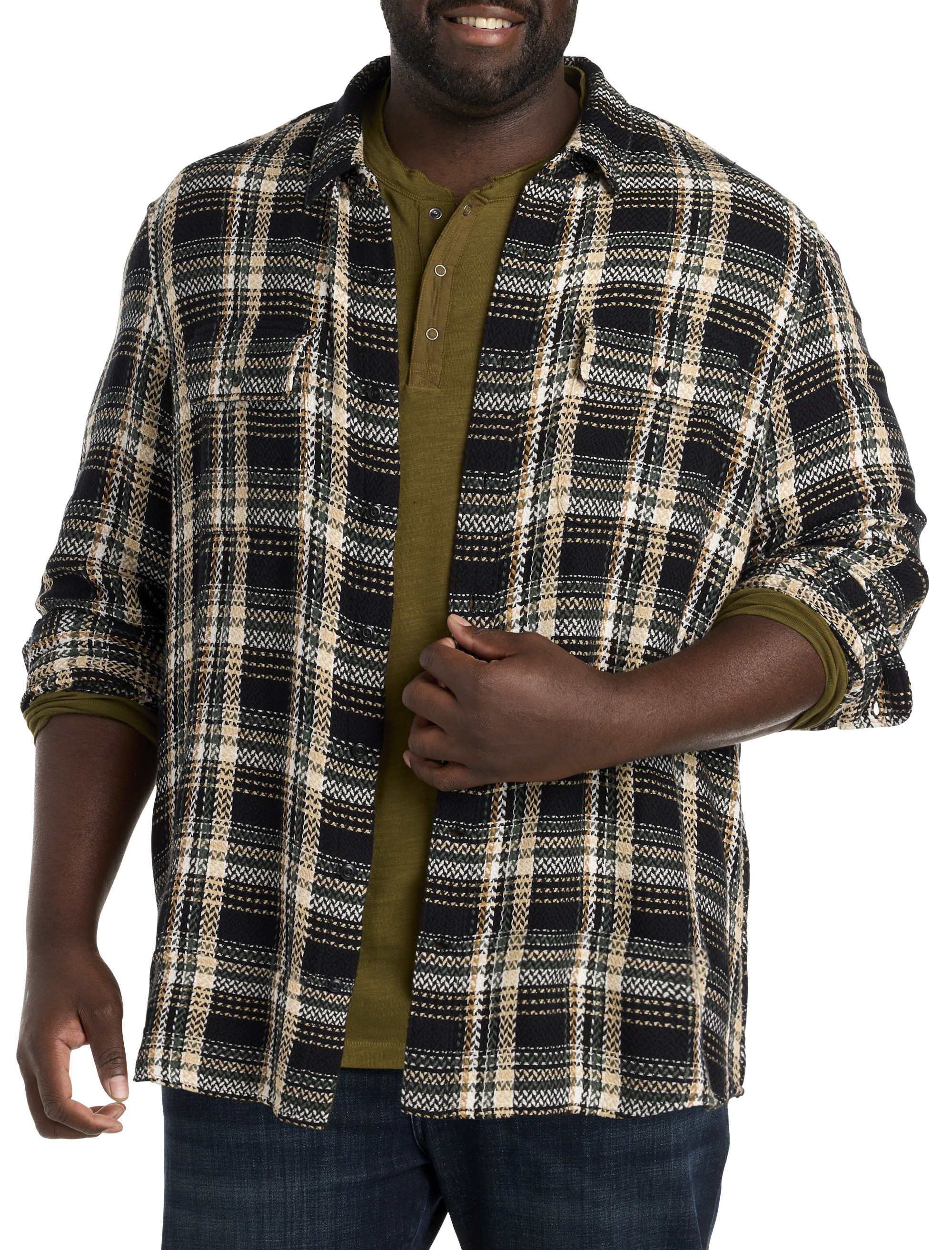 Herringbone Textured Plaid Sport Shirt