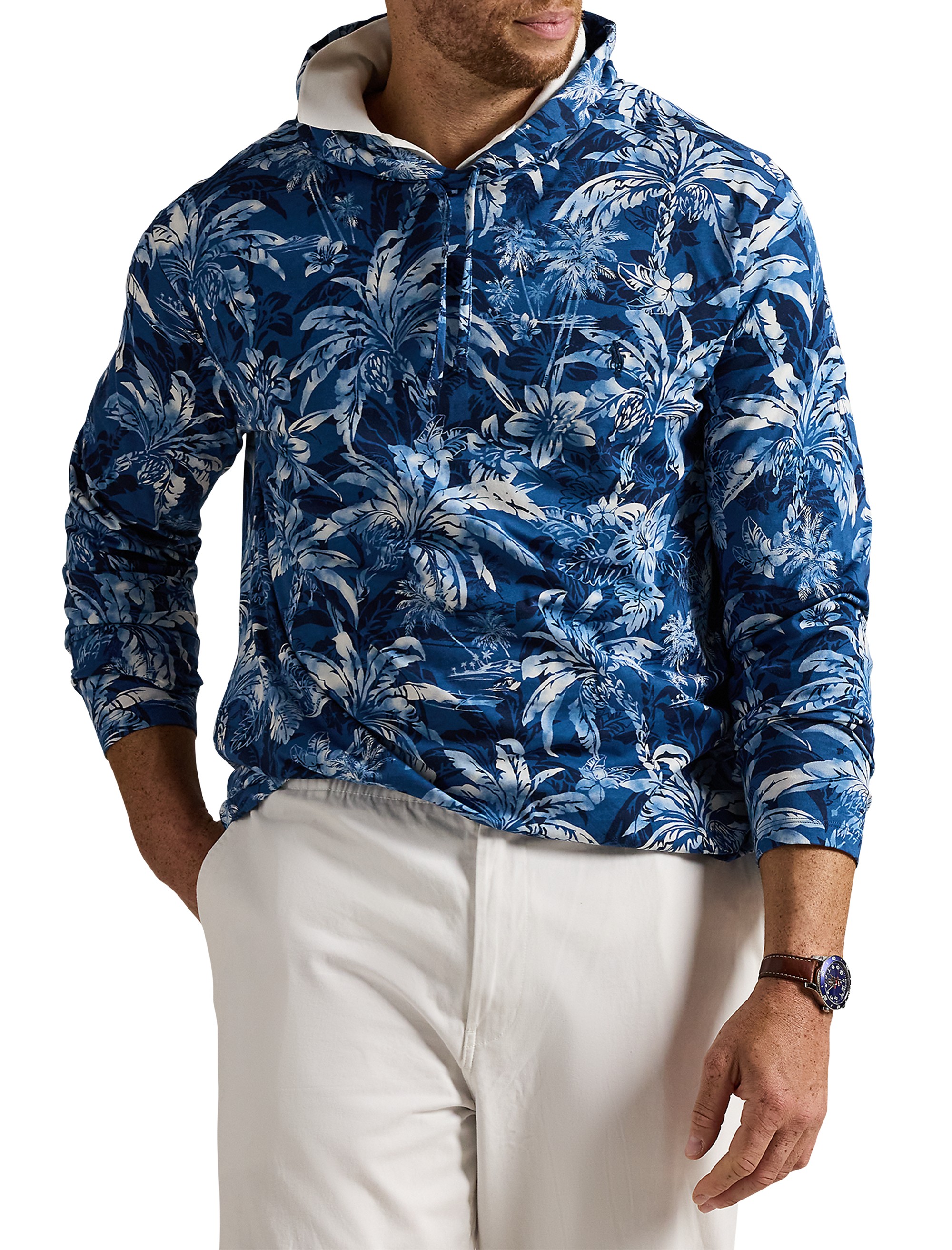 Tropical-Print Long-Sleeve Hooded T-Shirt