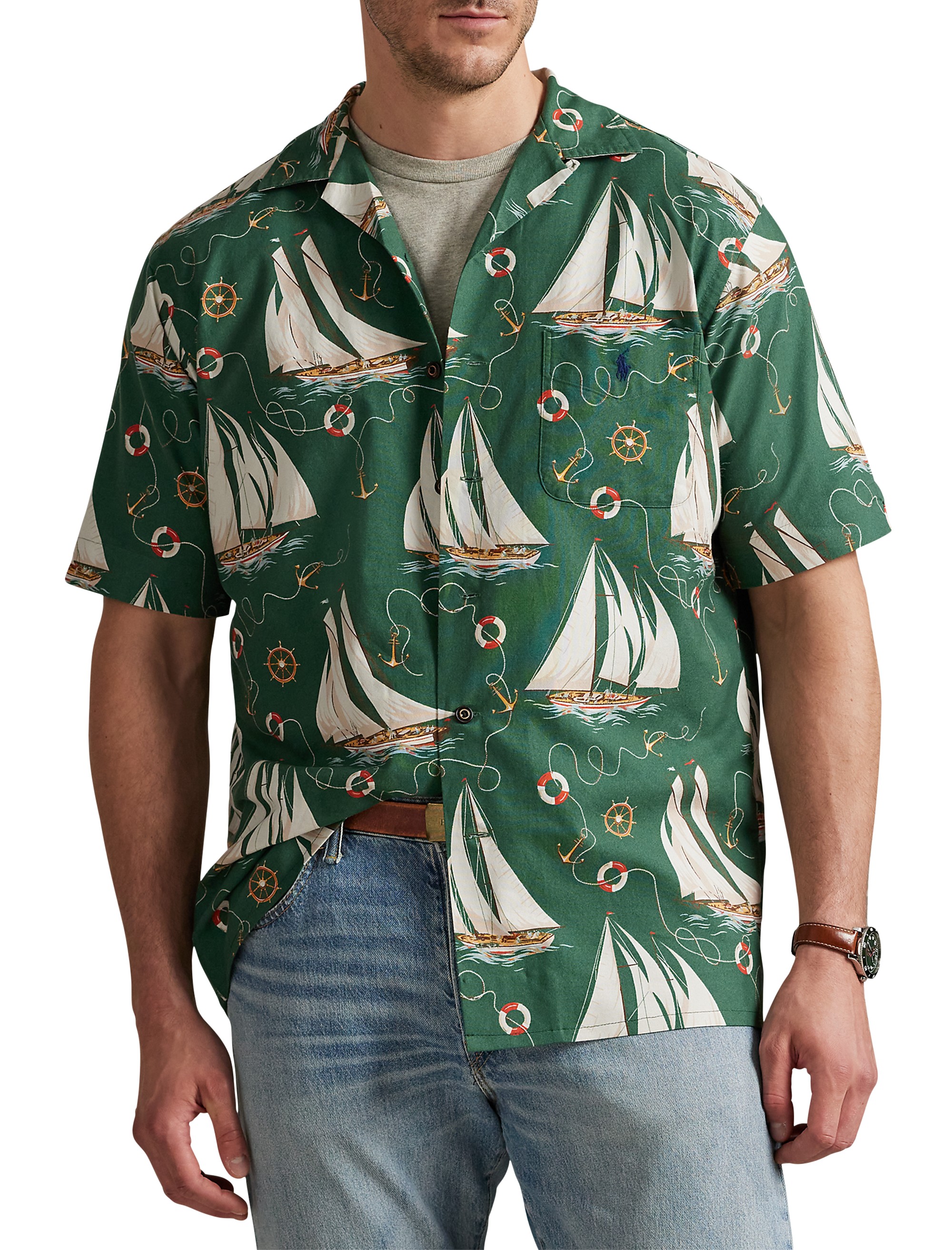 Sailboat-Print Oxford Camp Shirt