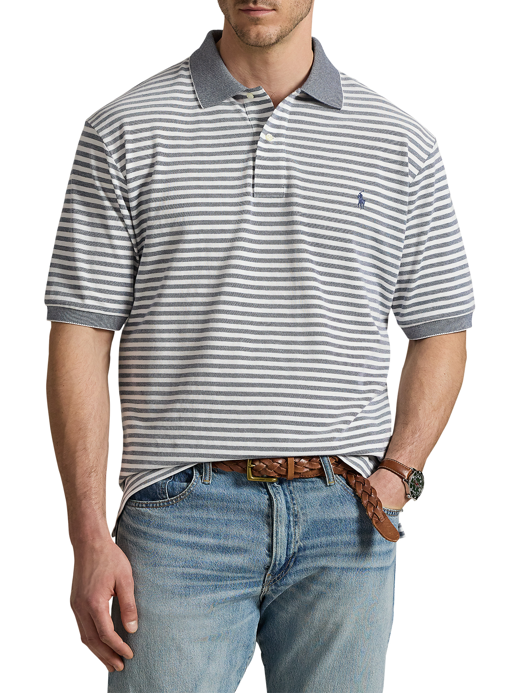 Striped Oxford Mesh Polo Shirt 