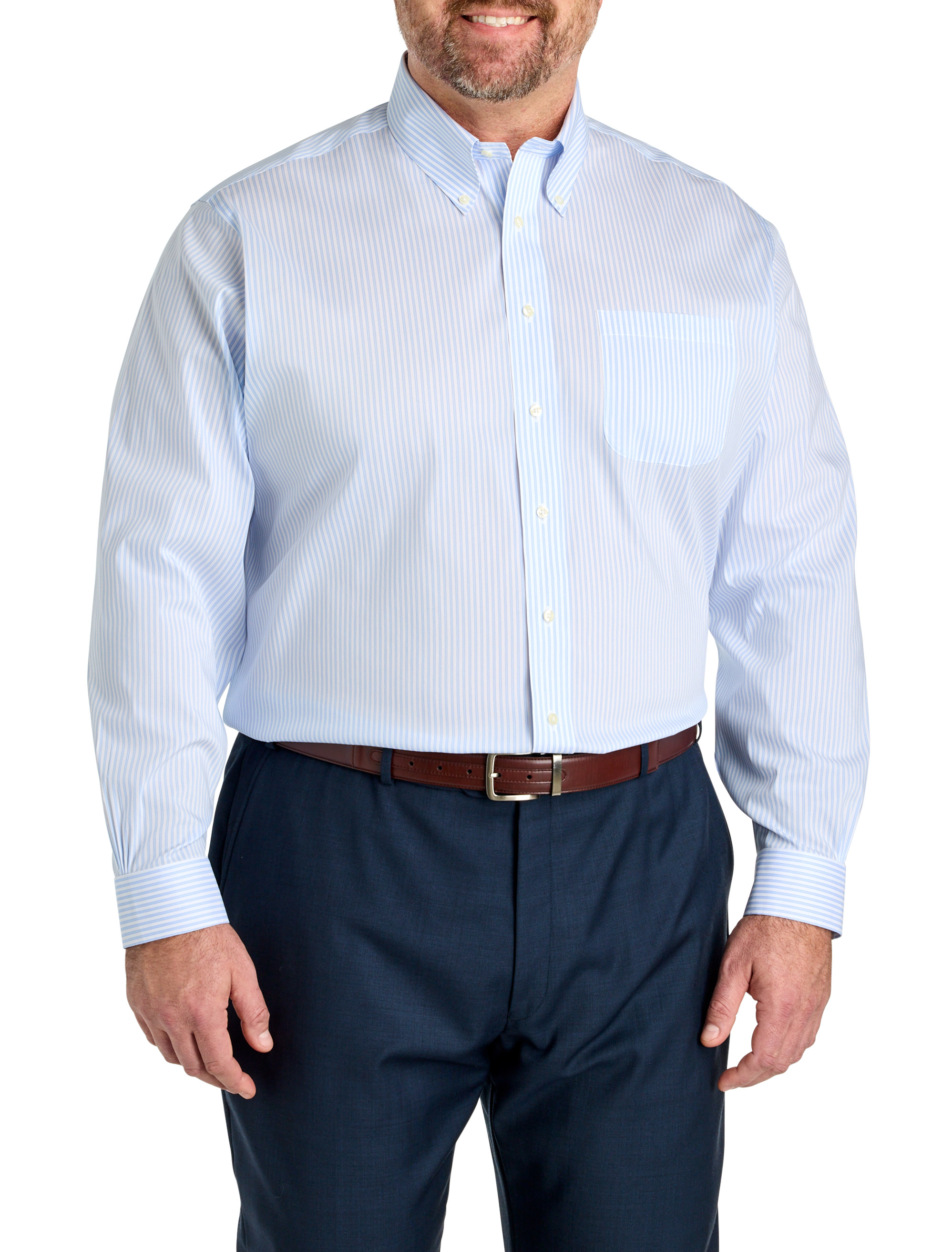 brooks brothers non iron dress shirt Brooks Brothers Big + Tall Non-Iron Double Striped Dress Shirt in Blue – Size 18 34/35 Wrinkle-Resistant Button-Front