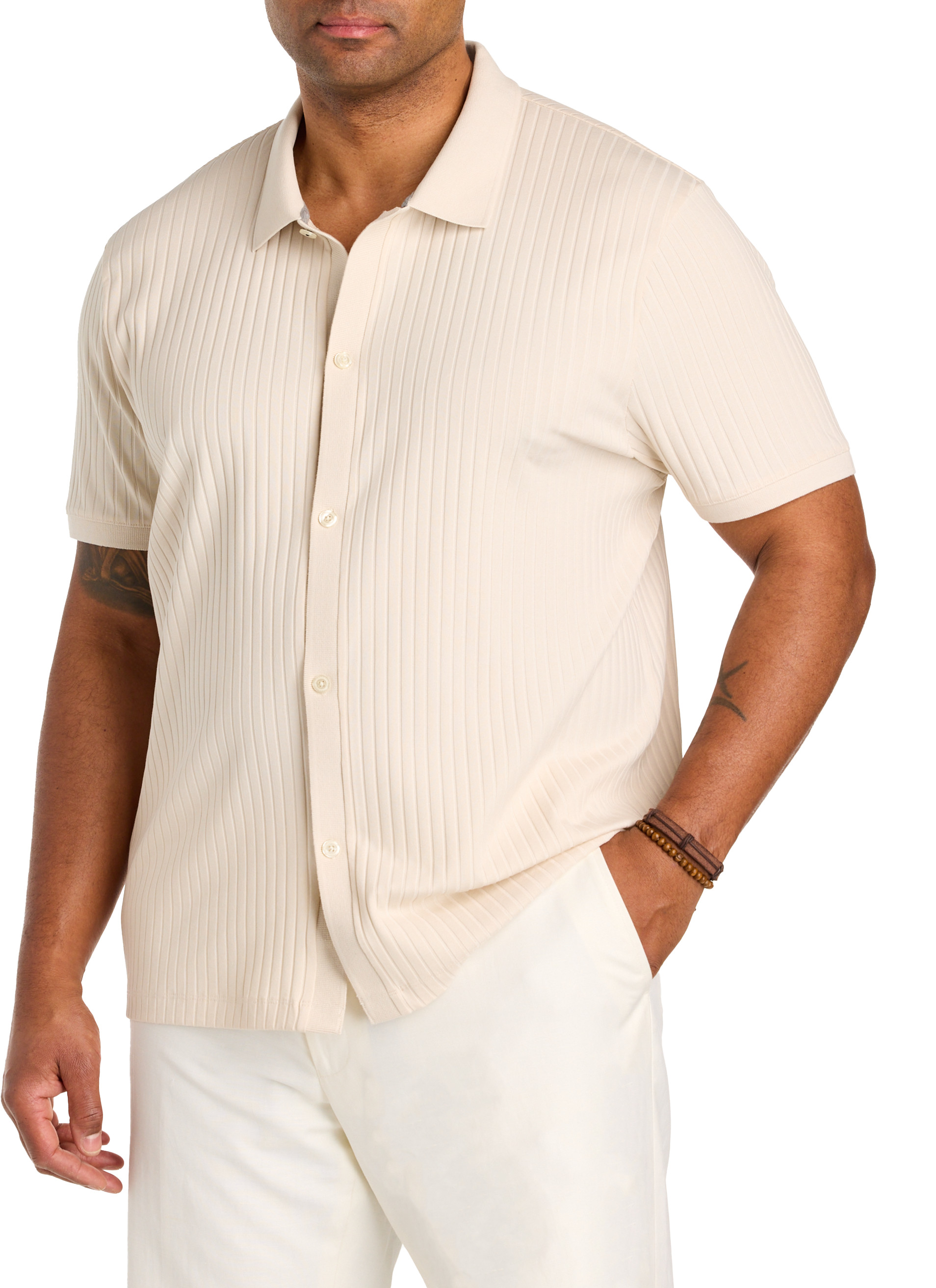 Ribbed Jacquard Button-Front Polo Shirt