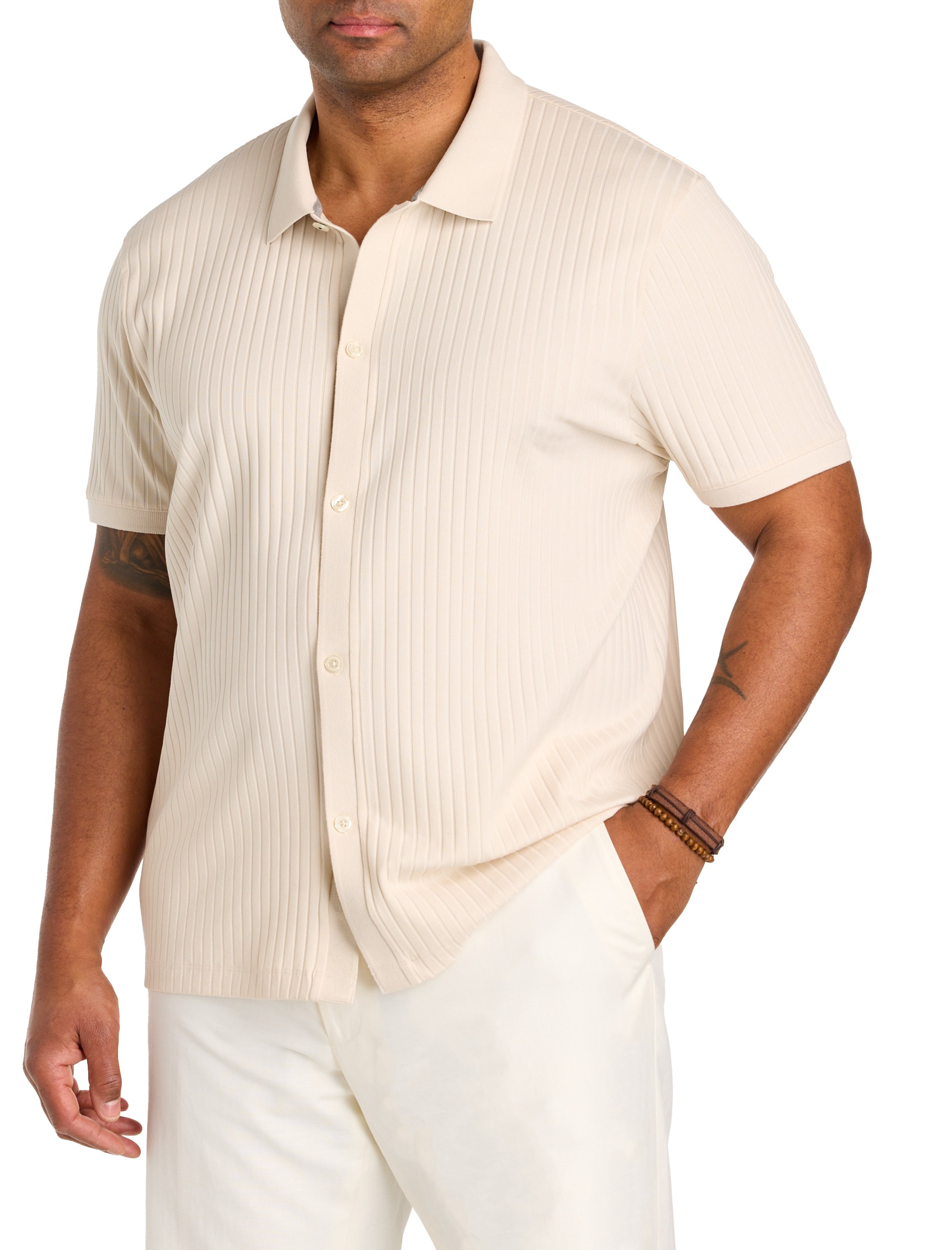 Ribbed Jacquard Button-Front Polo Shirt