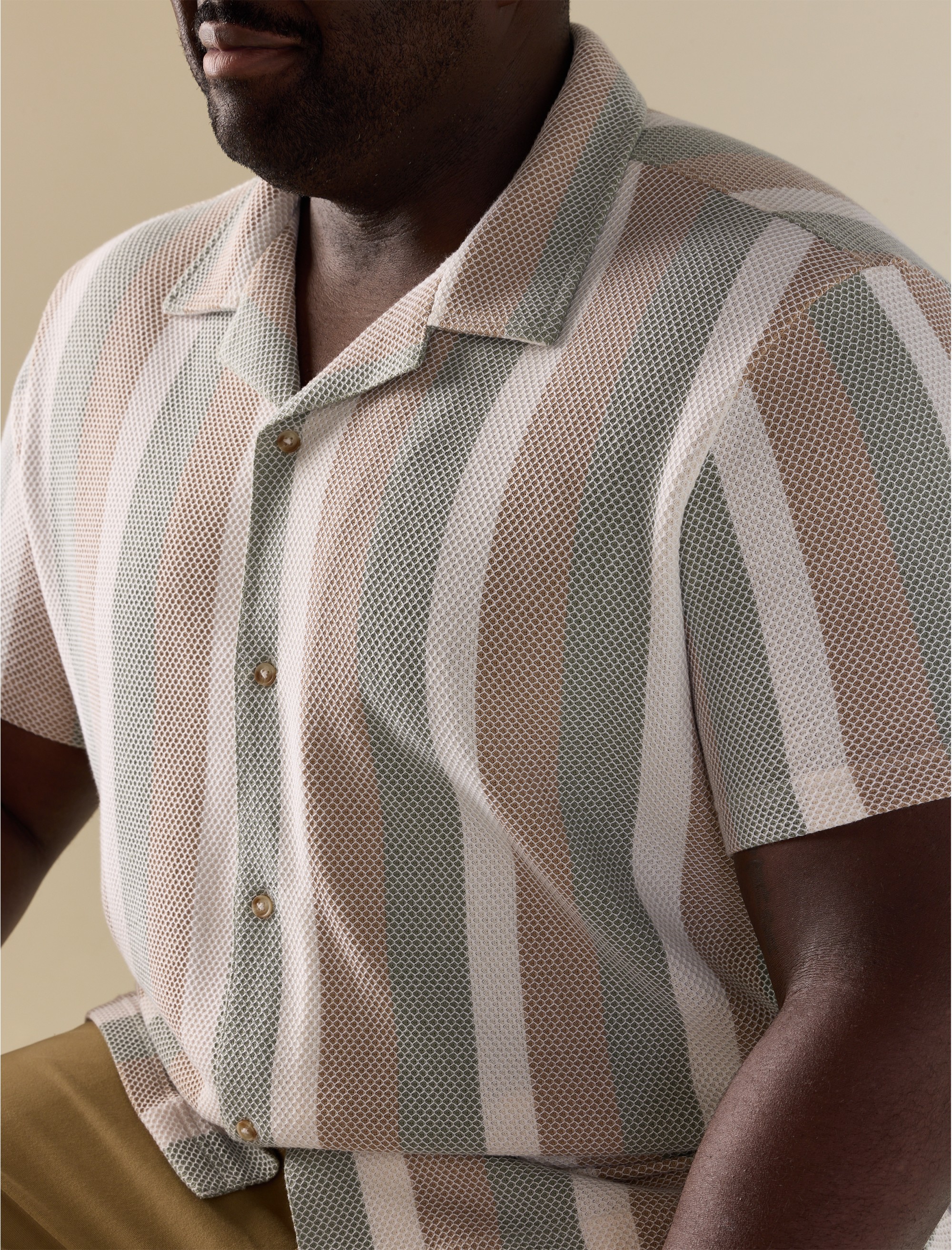 Textured Stripe Button-Front Polo Shirt - thumbnail 2