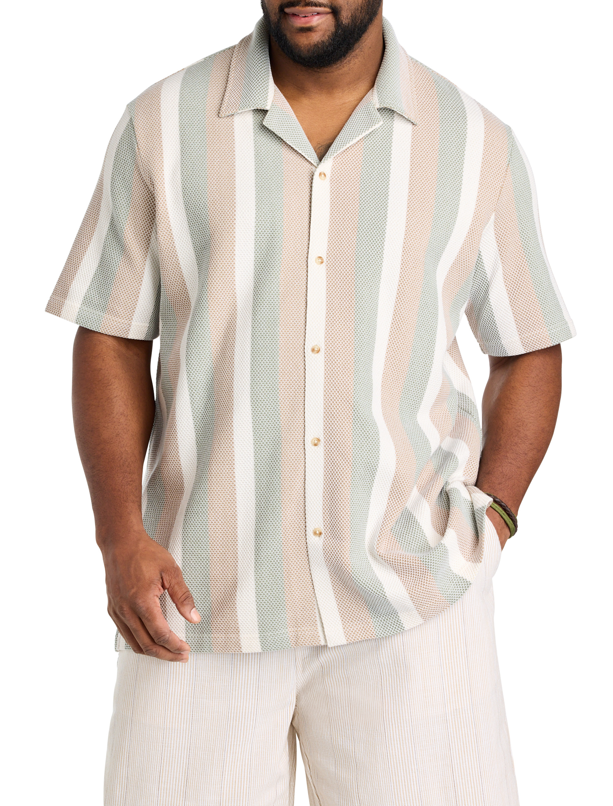 Textured Stripe Button-Front Polo Shirt