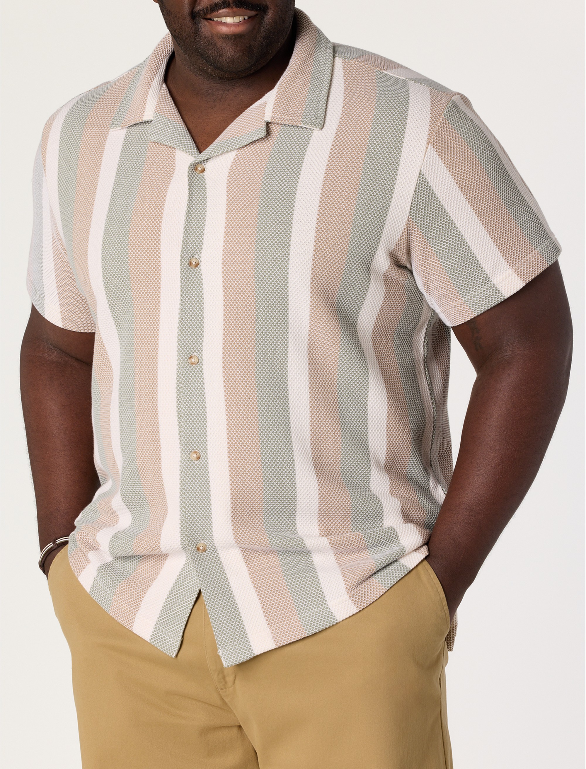 Textured Stripe Button-Front Polo Shirt