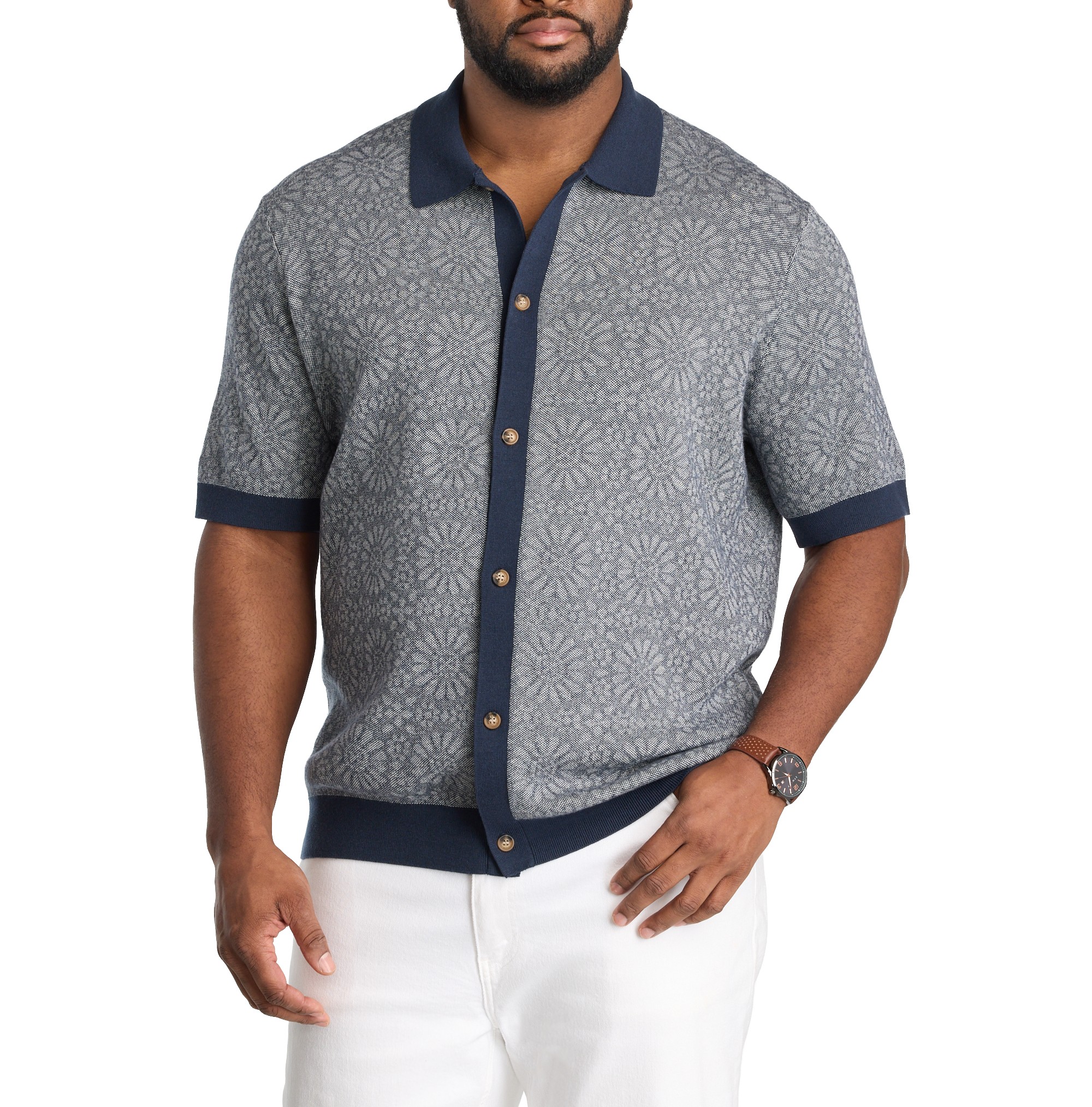 Jacquard Button-Front Sweater Polo Shirt