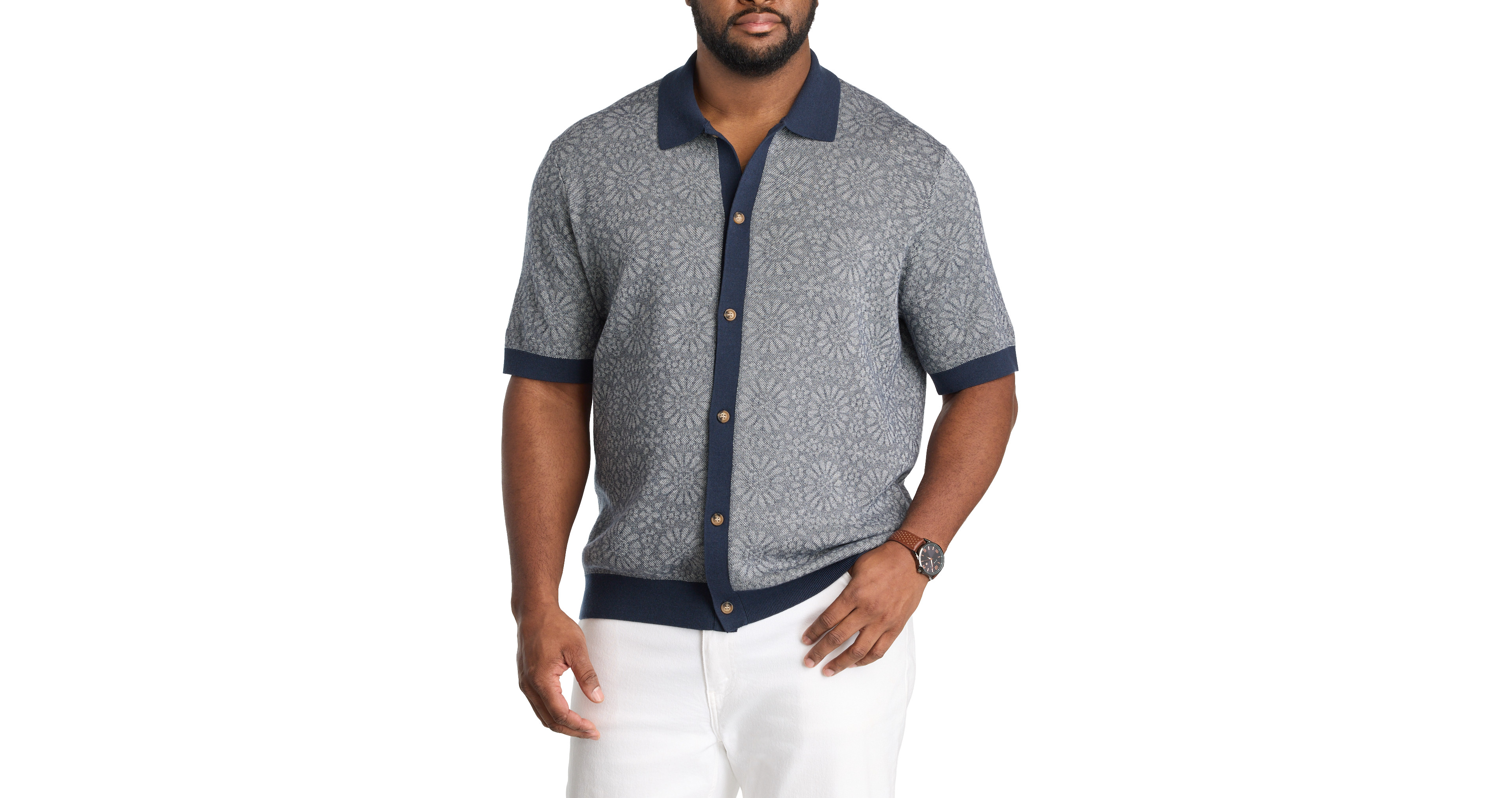 Jacquard Button-Front Sweater Polo Shirt