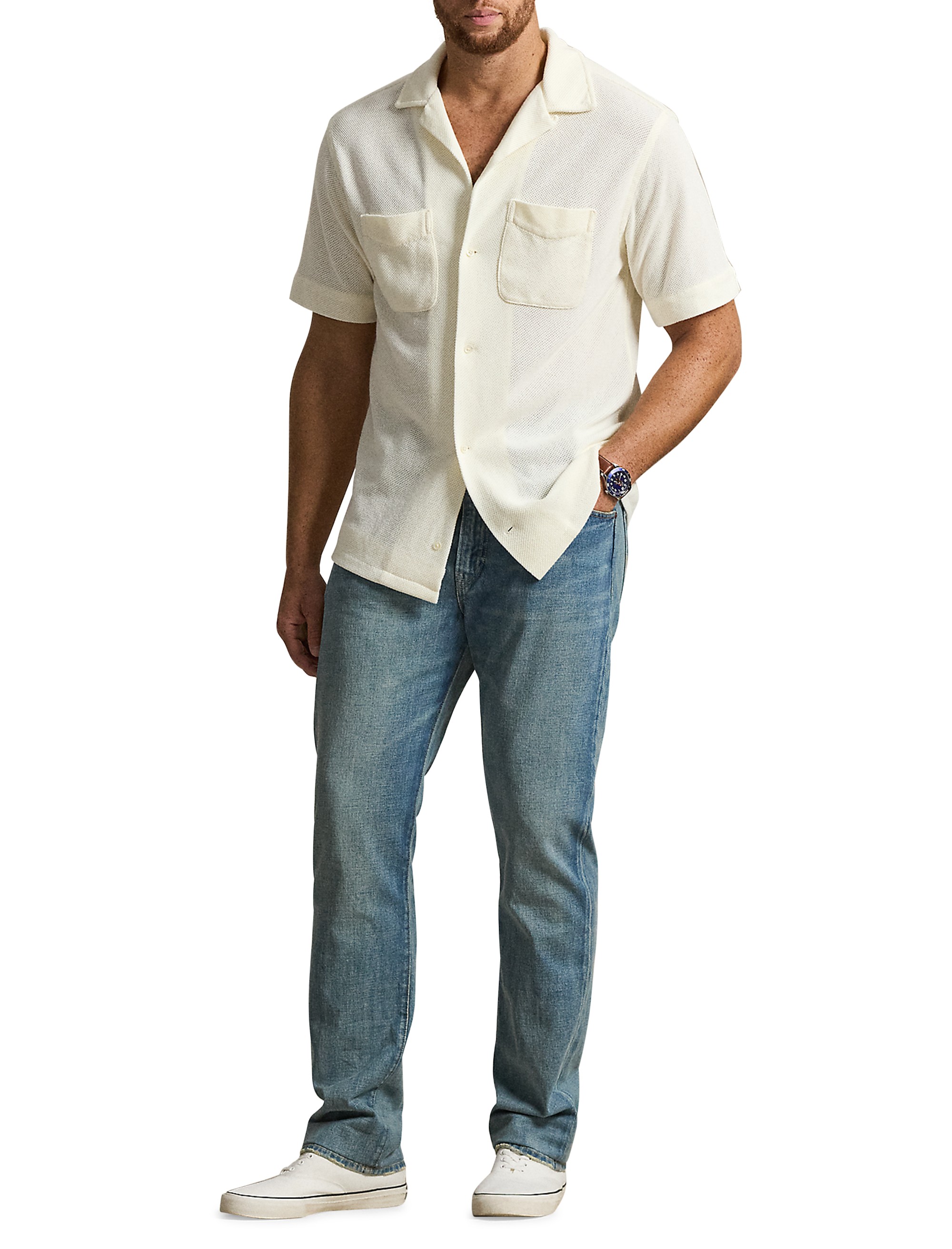 Pointelle Button-Down Polo Shirt - thumbnail 2
