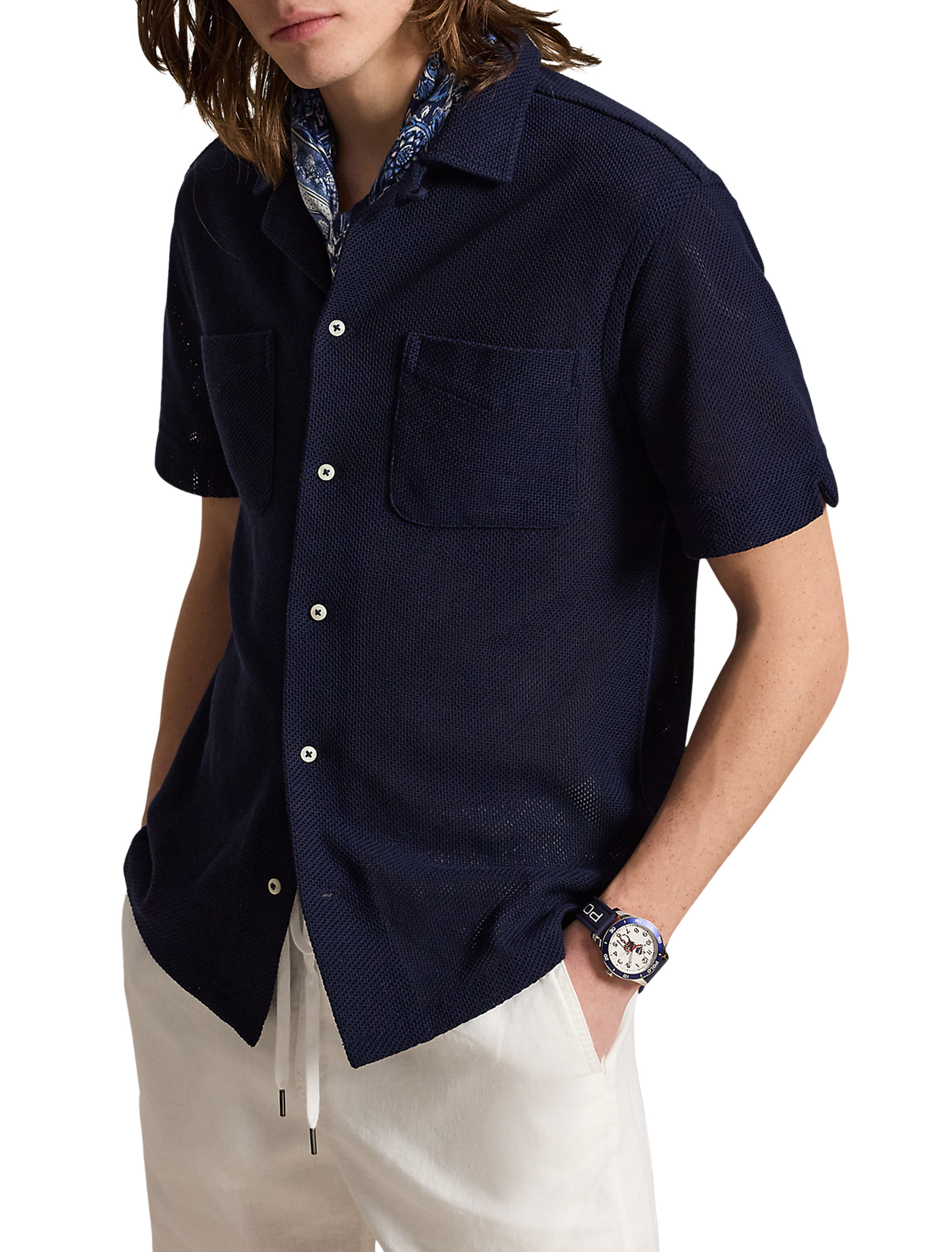 Pointelle Button-Down Polo Shirt