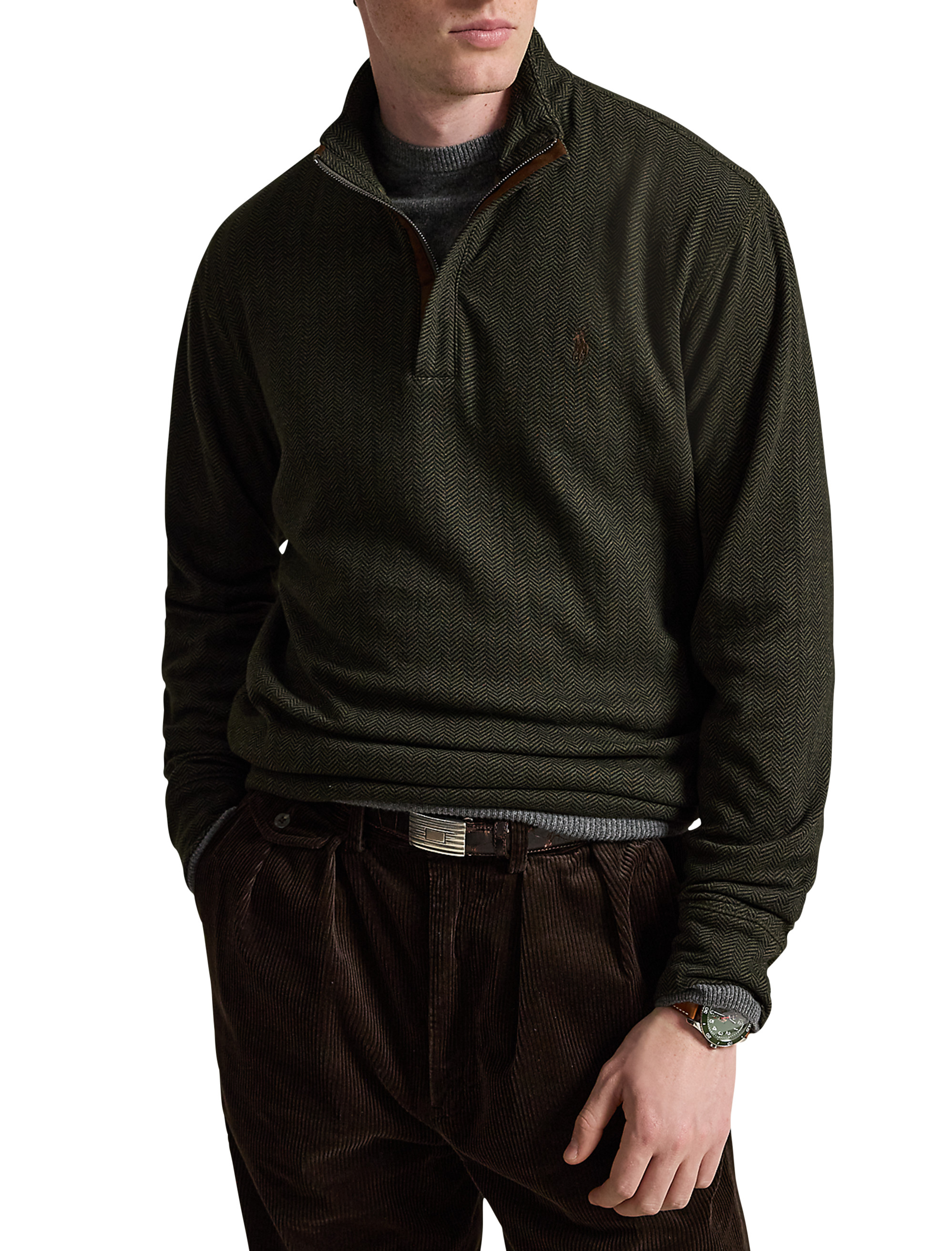 Polo Ralph Lauren Men's Luxury Jersey Quarter-Zip Sweater - Alpine heather / black buffalo check her