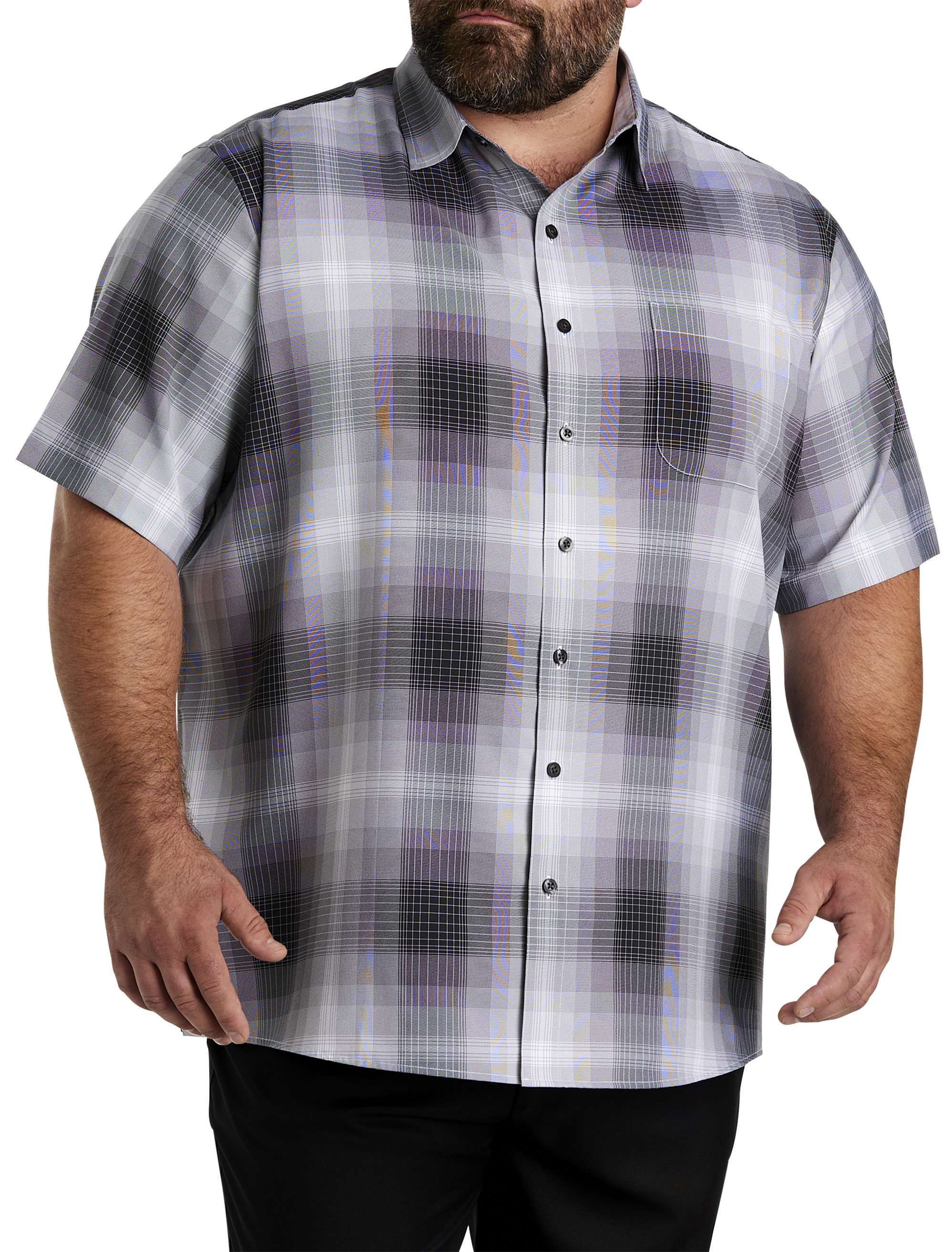 DXL Synrgy Big and Tall Large Plaid Sport Shirt, Black Grey, 1XL