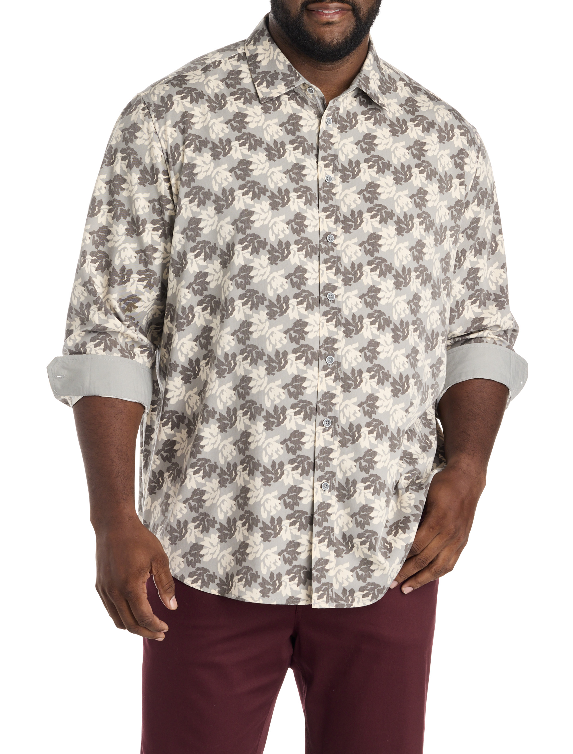 Big & Tall Men's Rolled-Sleeve Floral Print Sport Shirt - Grey - Size 5XLT