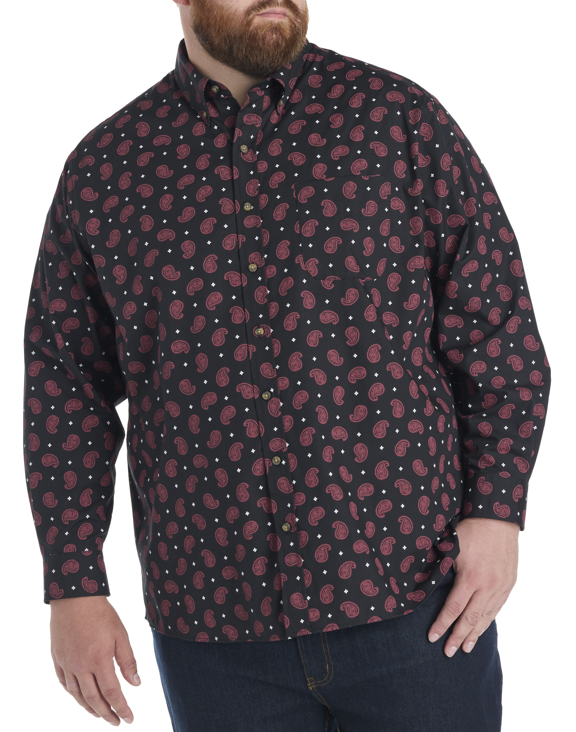 DXL Big + Tall Easy-Care Paisley Print Sport Shirt in Black  Wrinkle-Resistant Cotton Blend Button-Down, Size 1XLT